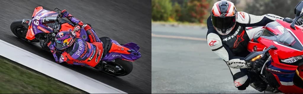 Motorcyclists in high-performance leather racing suits leaning into turns on track and road